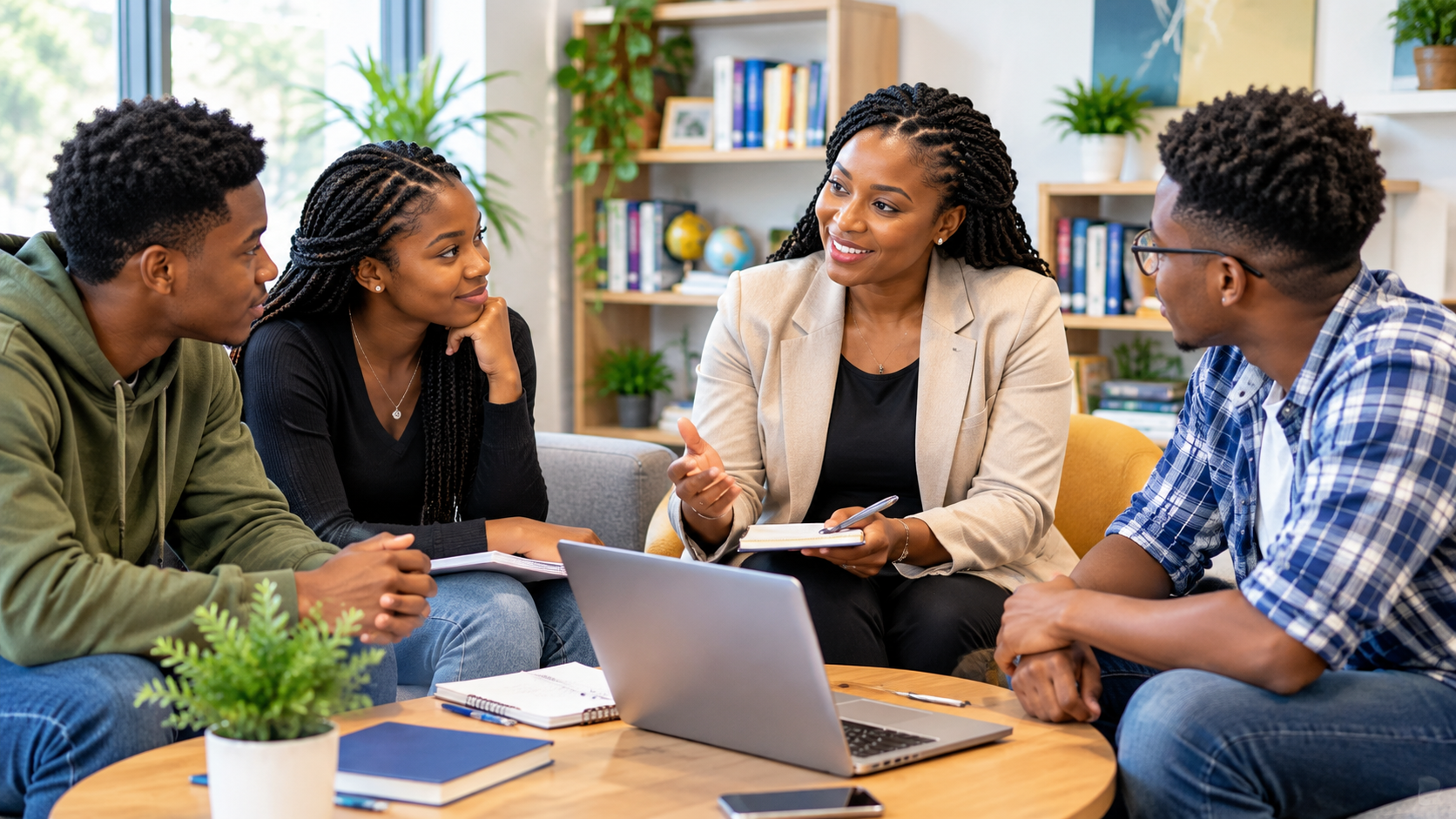 Black counselor guiding students in a modern counseling session