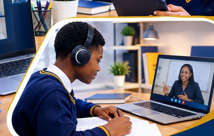 Student learning from a laptop at home with books on the table